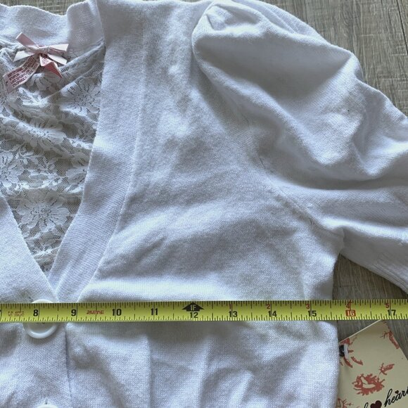 Derek Heart Lace Back Cropped Cardigan Short Sleeve Button Y2K White Sz Large L - Picture 9 of 9